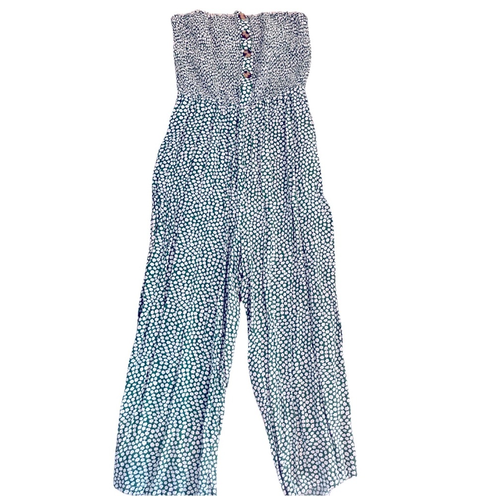Green with white flowers strapless jumpsuit with belt